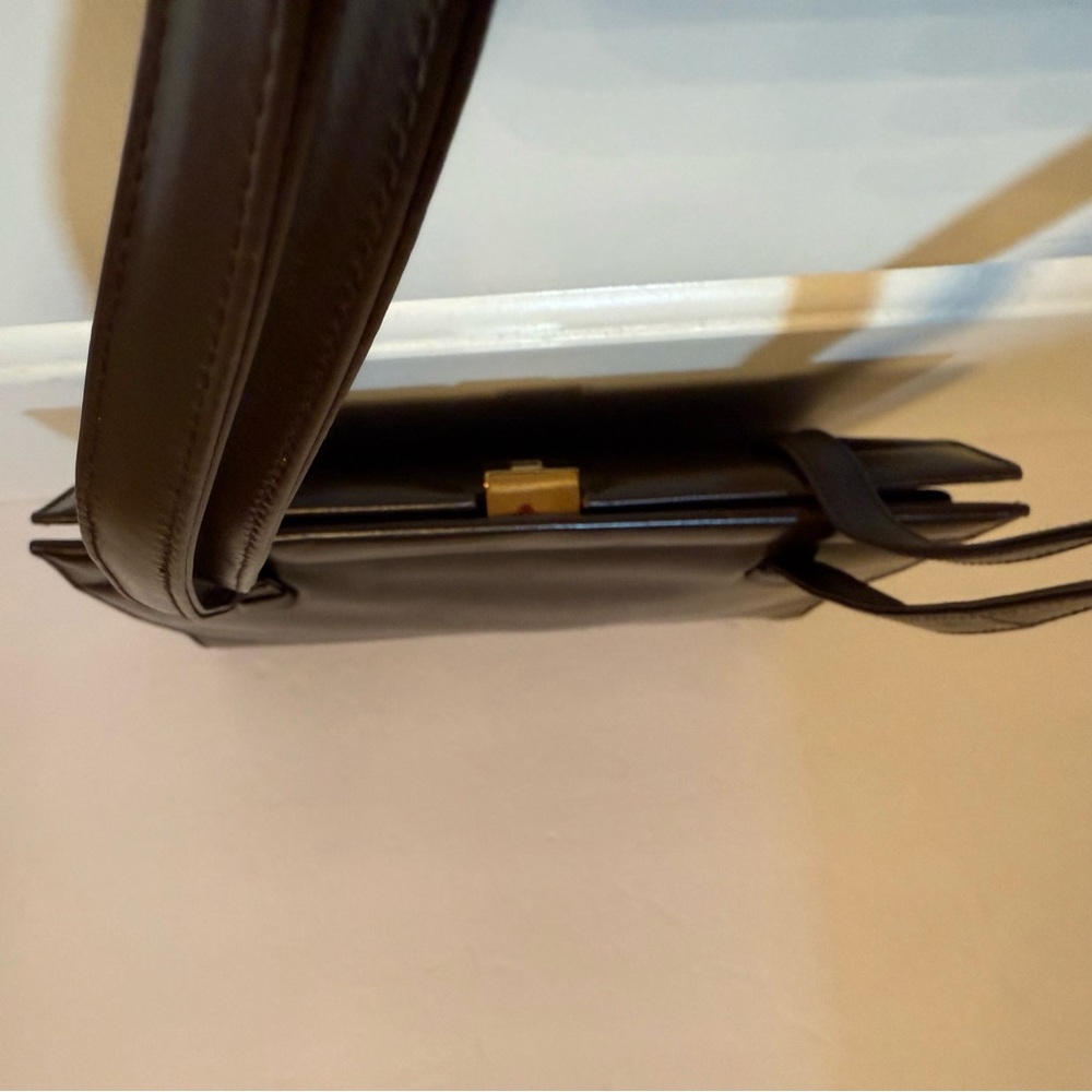 LAMBERTSON TRUEX SHOULDER BAG BROWN LEATHER 2 STRAP GOLD LEVER CLOSE - Picture 5 of 12